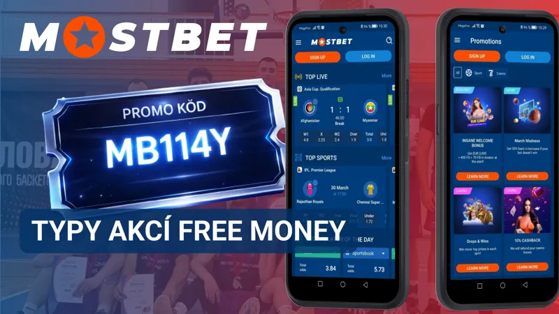 Rozhraní MostBet zobrazuje několik kategorií akcí dostupných v sekci Free Money.