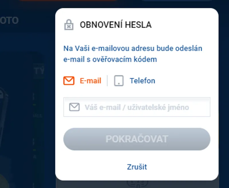 Formulář pro obnovení hesla k vašemu osobnímu účtu MostBet