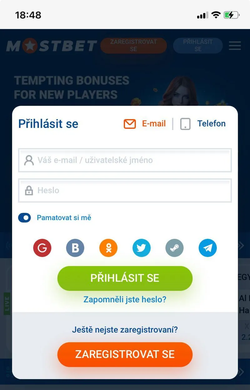 Přihlášení do osobního účtu Mostbet v mobilní verzi – ukázka rozhraní aplikace CZ